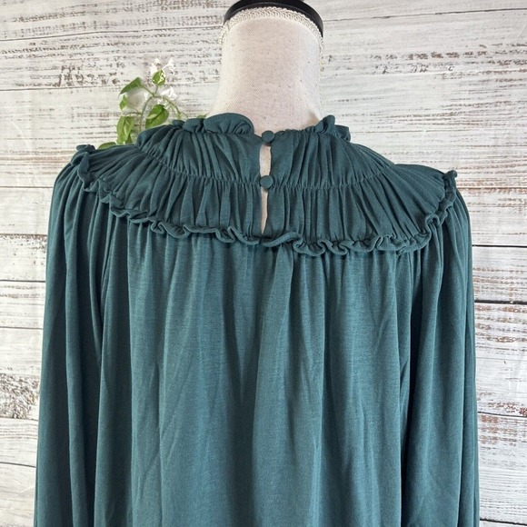 Ann Taylor Blouse Top sz Extra Small Teal Jersey Smocking Prairie Modest Stretch - Picture 13 of 14